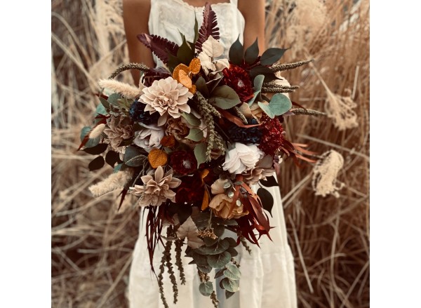 Boho cascading wedding bouquet maroon rust taupe navy blue bridal 