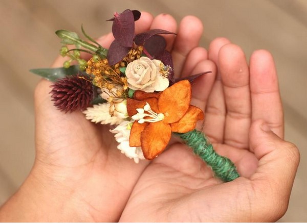 orange corsage burgundy corsage Fall rose and sunflower wedding pin on corsage 